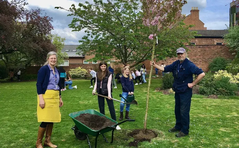 Planting a Cherry tree in memory of Margaret Farra on Earth Day