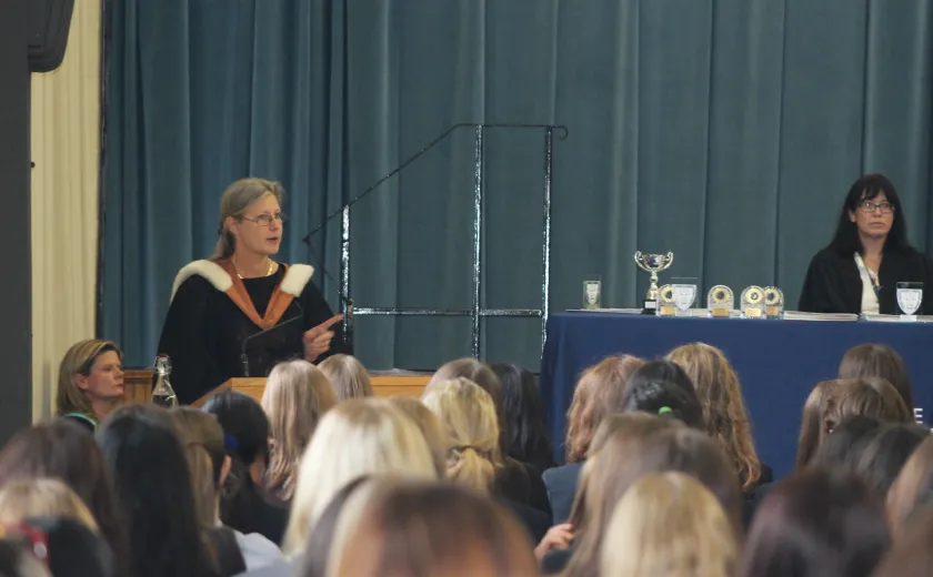 Headmistress Sue Wallace-Woodroffe giving a speech at the ceremony